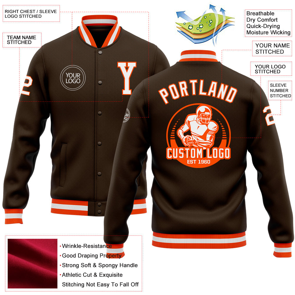 Custom Brown White-Orange Bomber Full-Snap Varsity Letterman Jacket view 5