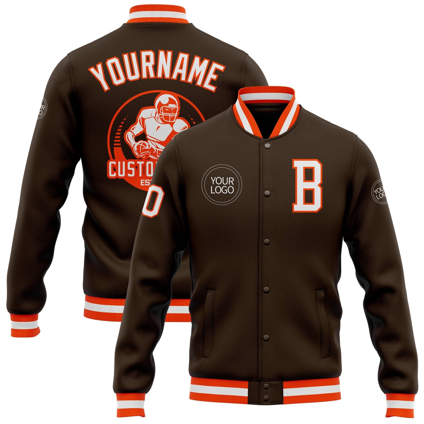 Custom Brown White-Orange Bomber Full-Snap Varsity Letterman Jacket - Main View