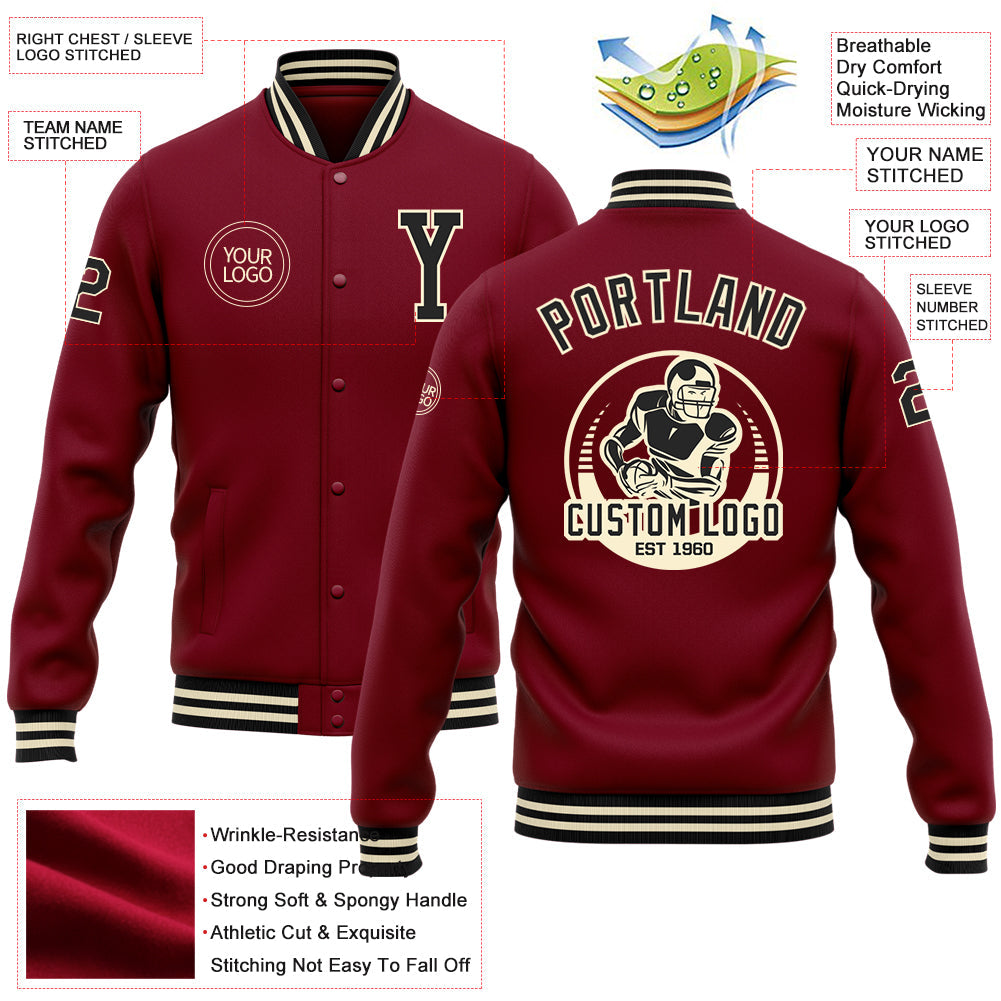 Custom Crimson Black-Cream Bomber Full-Snap Varsity Letterman Jacket view 5