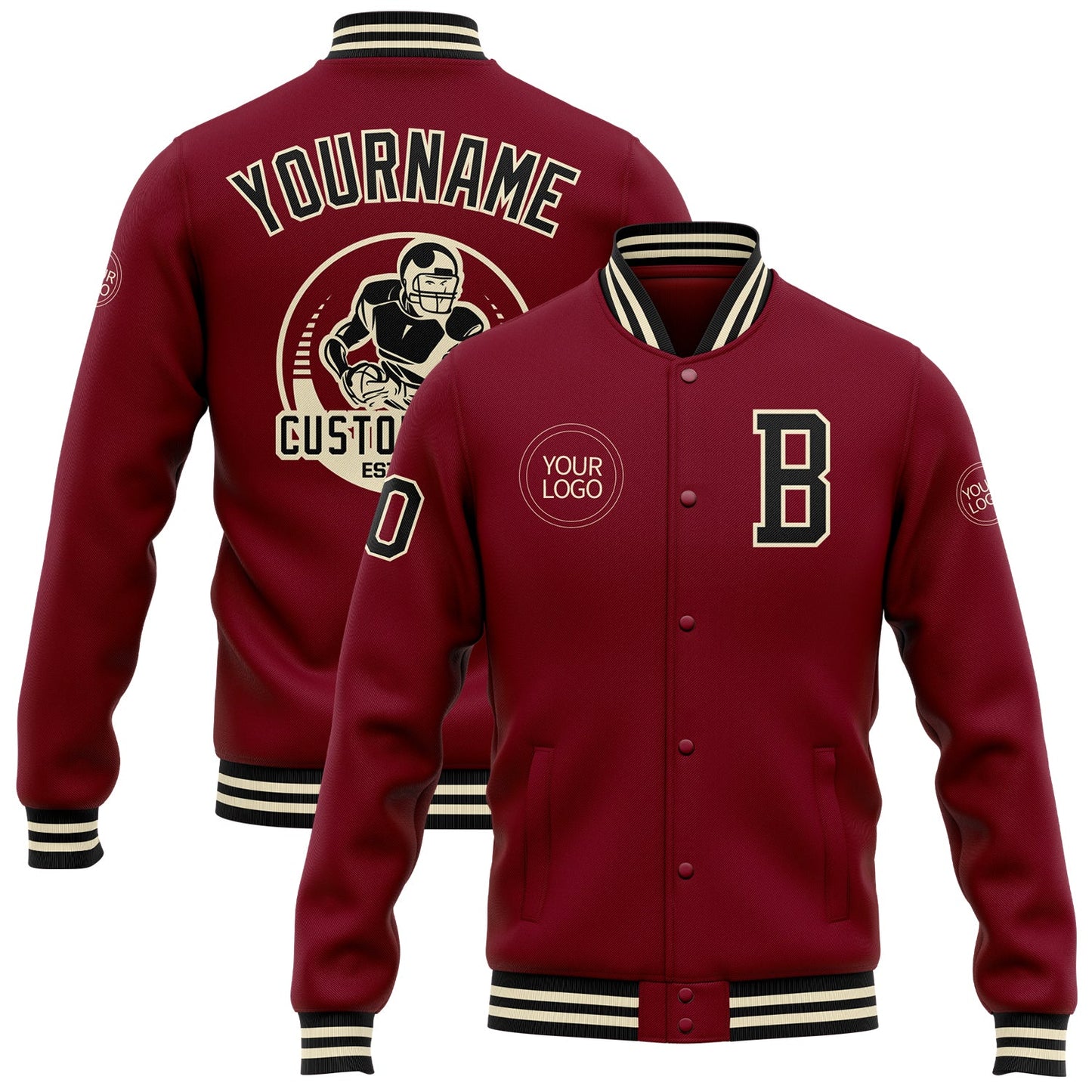Custom Crimson Black-Cream Bomber Full-Snap Varsity Letterman Jacket - Main View