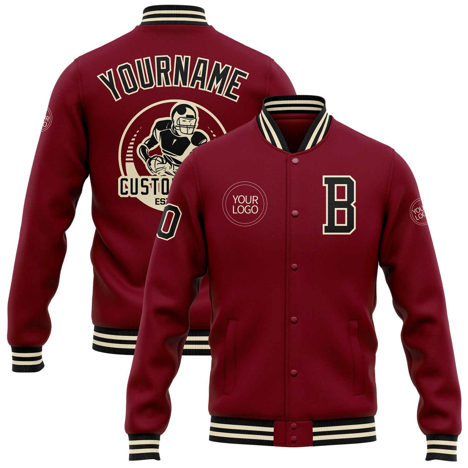 Custom Crimson Black-Cream Bomber Full-Snap Varsity Letterman Jacket - Main View