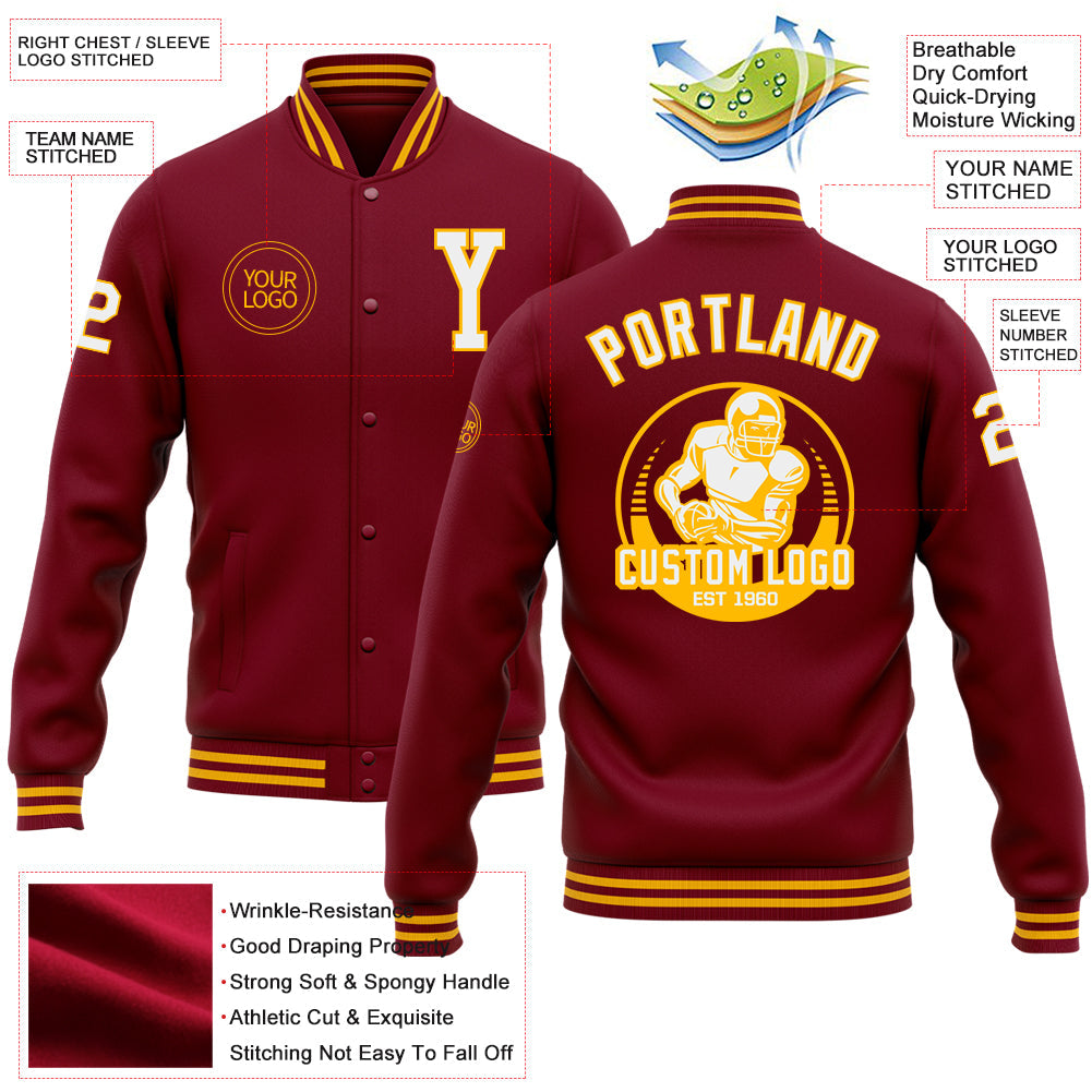 Custom Crimson White-Gold Bomber Full-Snap Varsity Letterman Jacket view 5