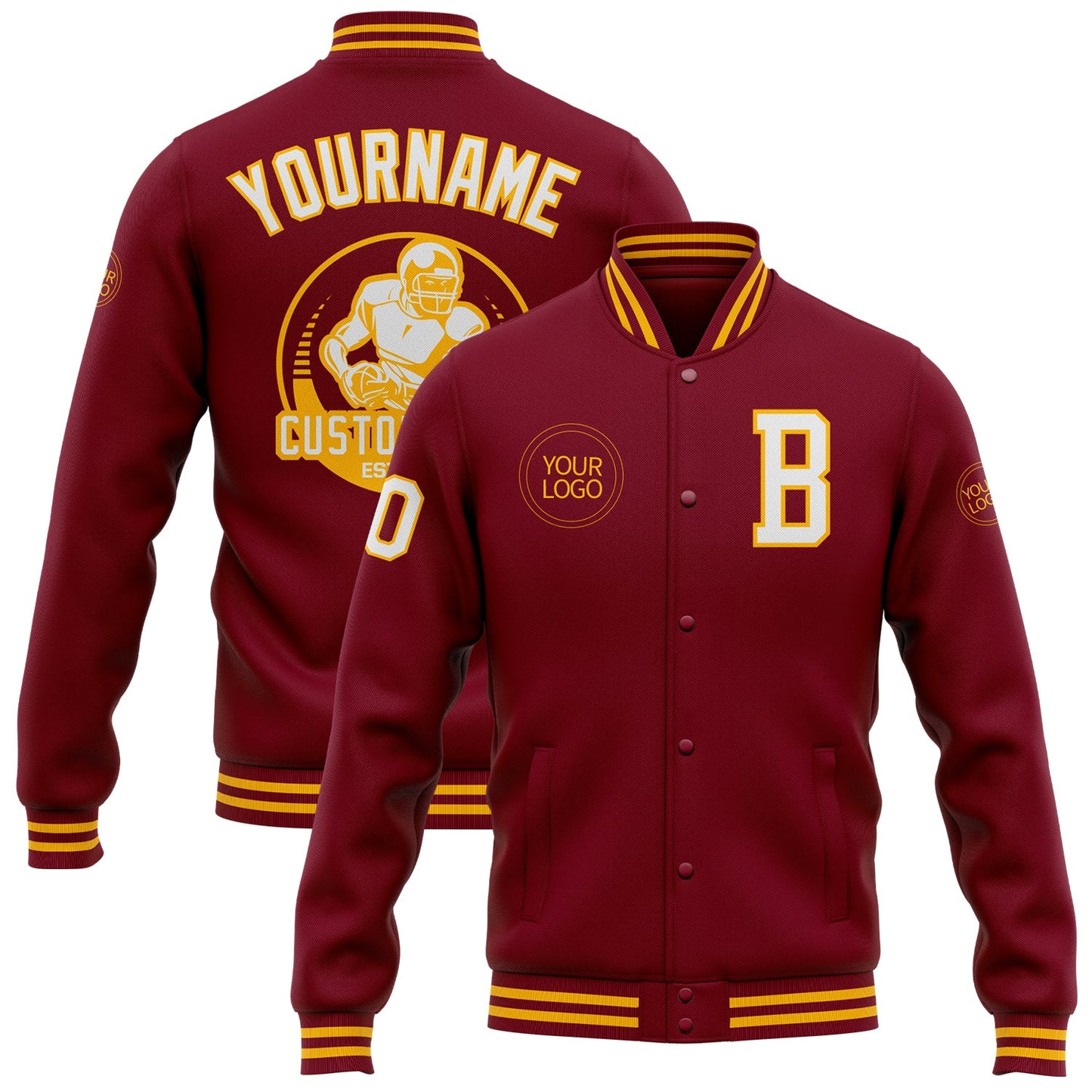Custom Crimson White-Gold Bomber Full-Snap Varsity Letterman Jacket - Main View