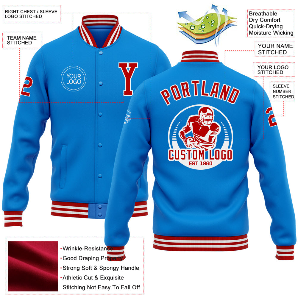 Custom Powder Blue Red-White Bomber Full-Snap Varsity Letterman Jacket view 5