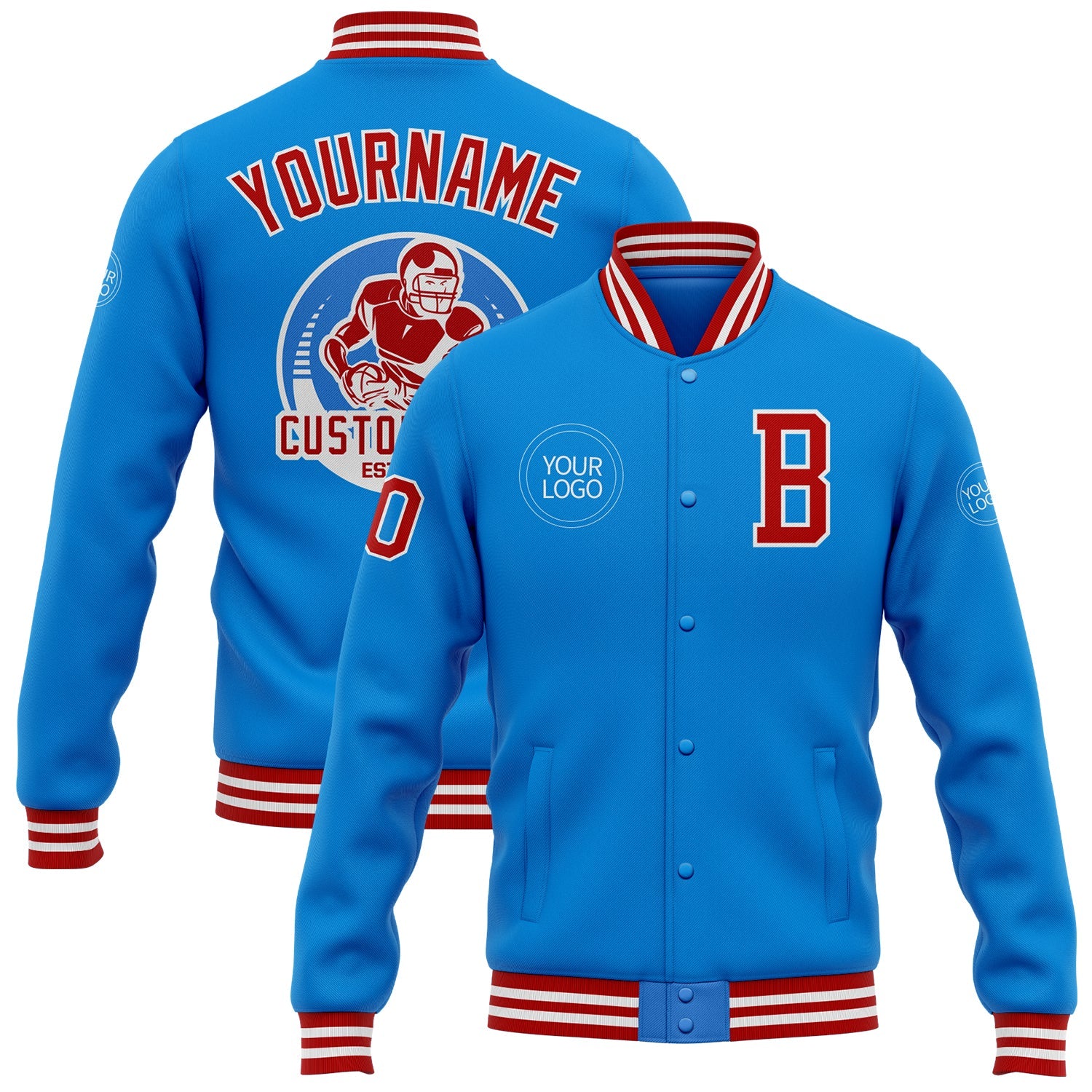 Custom Powder Blue Red-White Bomber Full-Snap Varsity Letterman Jacket - Main View
