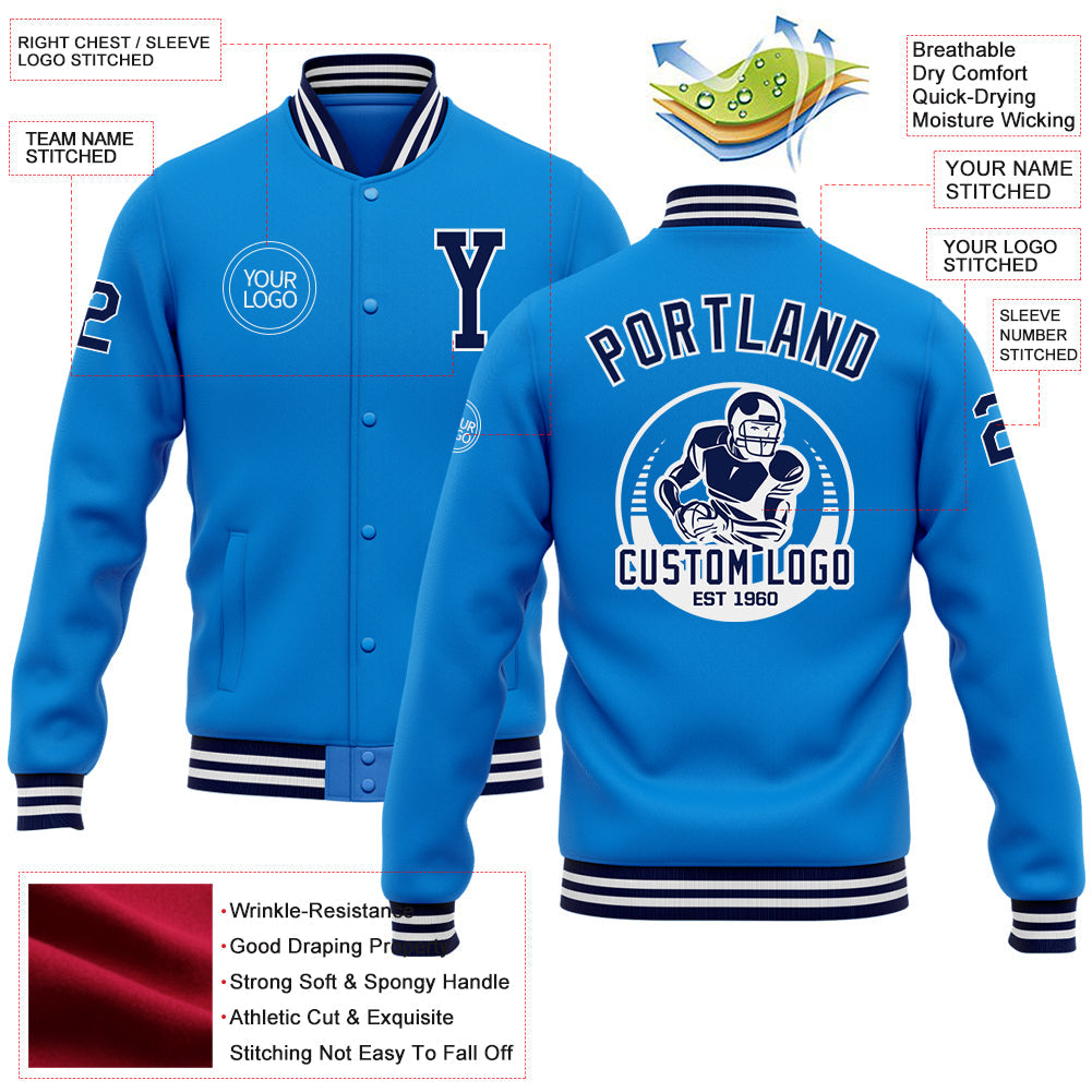 Custom Powder Blue Navy-White Bomber Full-Snap Varsity Letterman Jacket view 5