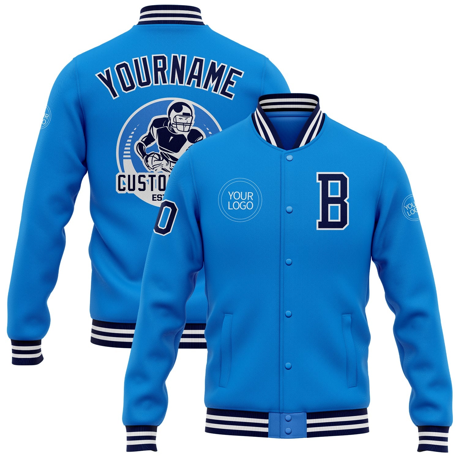 Custom Powder Blue Navy-White Bomber Full-Snap Varsity Letterman Jacket - Main View