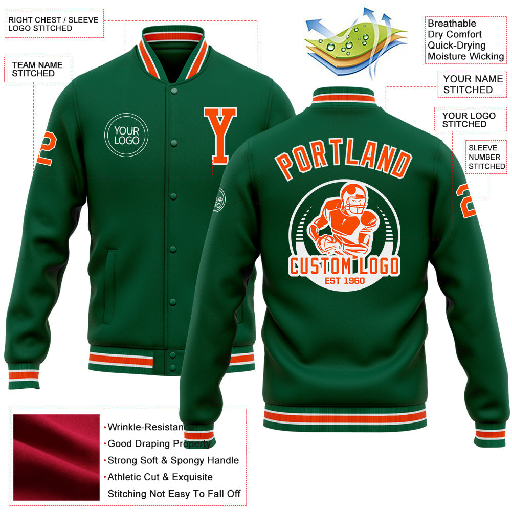 Custom Kelly Green Orange-White Bomber Full-Snap Varsity Letterman Jacket view 5