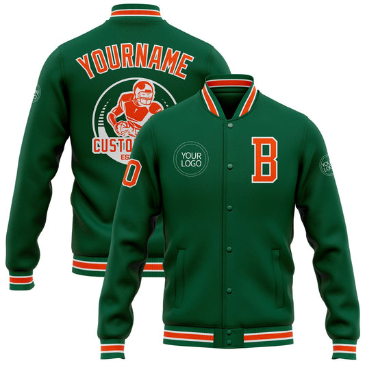 Custom Kelly Green Orange-White Bomber Full-Snap Varsity Letterman Jacket - Main View