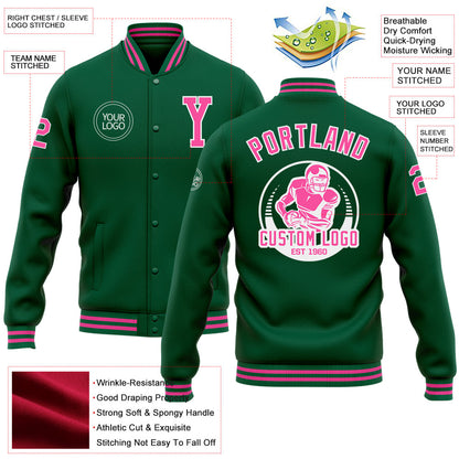 Custom Kelly Green Pink-White Bomber Full-Snap Varsity Letterman Jacket view 5
