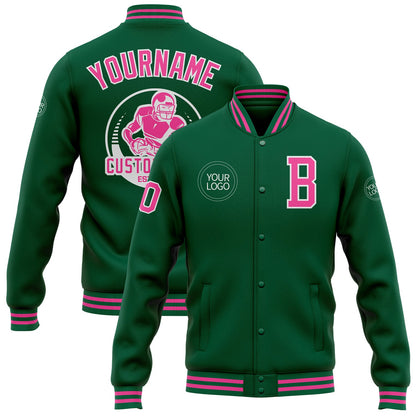 Custom Kelly Green Pink-White Bomber Full-Snap Varsity Letterman Jacket - Main View