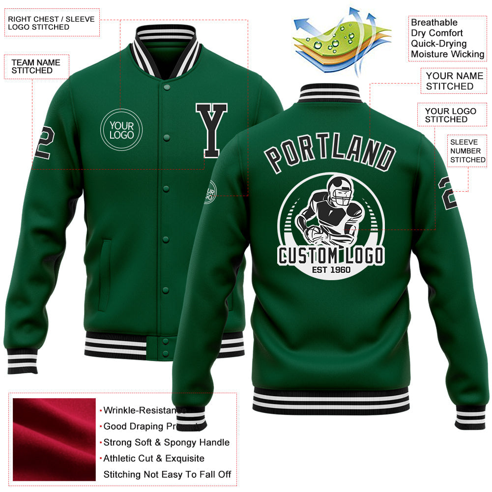Custom Kelly Green Black-White Bomber Full-Snap Varsity Letterman Jacket view 5