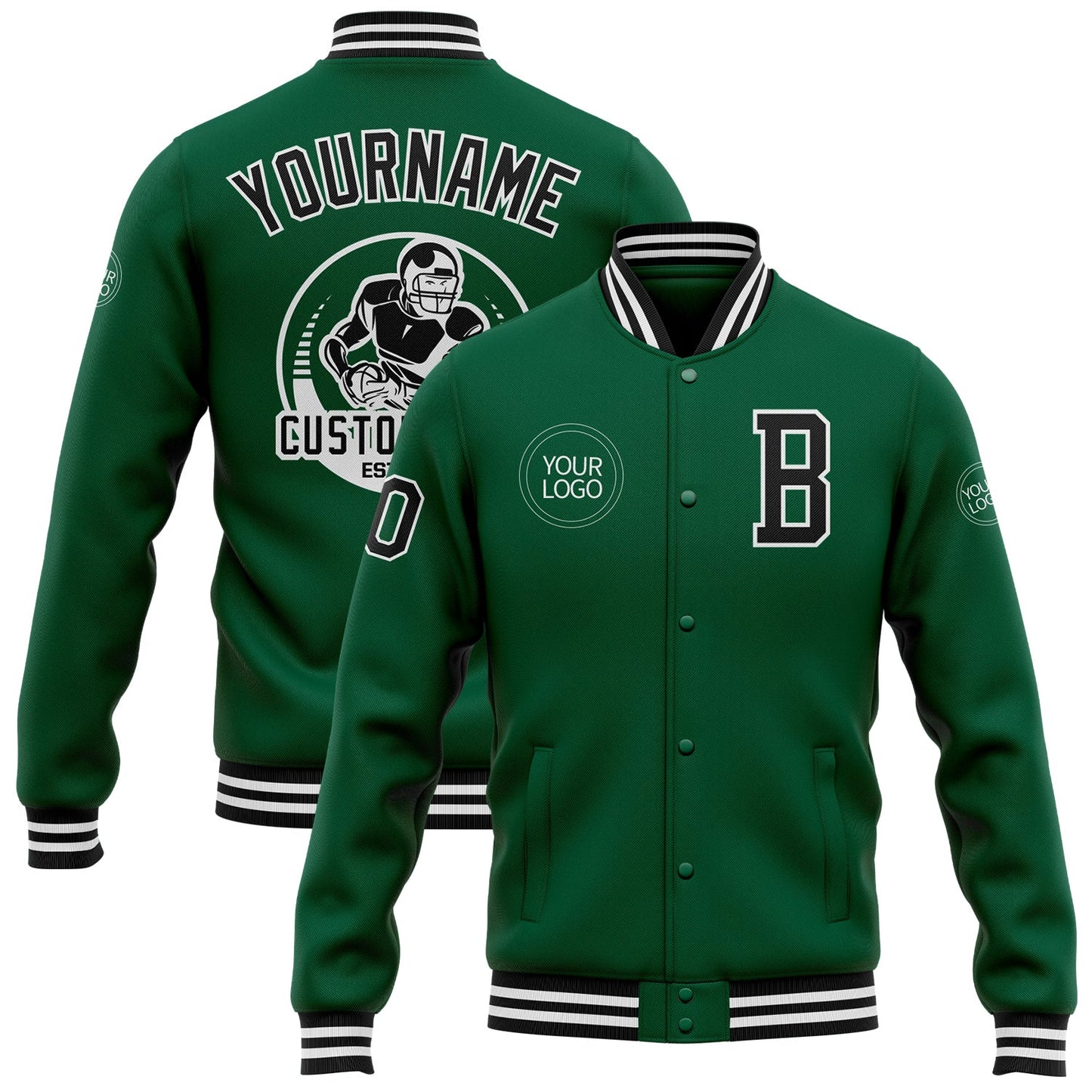 Custom Kelly Green Black-White Bomber Full-Snap Varsity Letterman Jacket - Main View