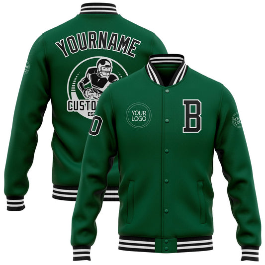 Custom Kelly Green Black-White Bomber Full-Snap Varsity Letterman Jacket - Main View