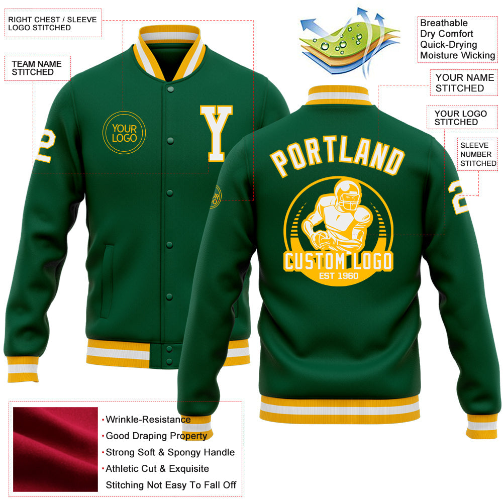 Custom Kelly Green White-Gold Bomber Full-Snap Varsity Letterman Jacket view 5