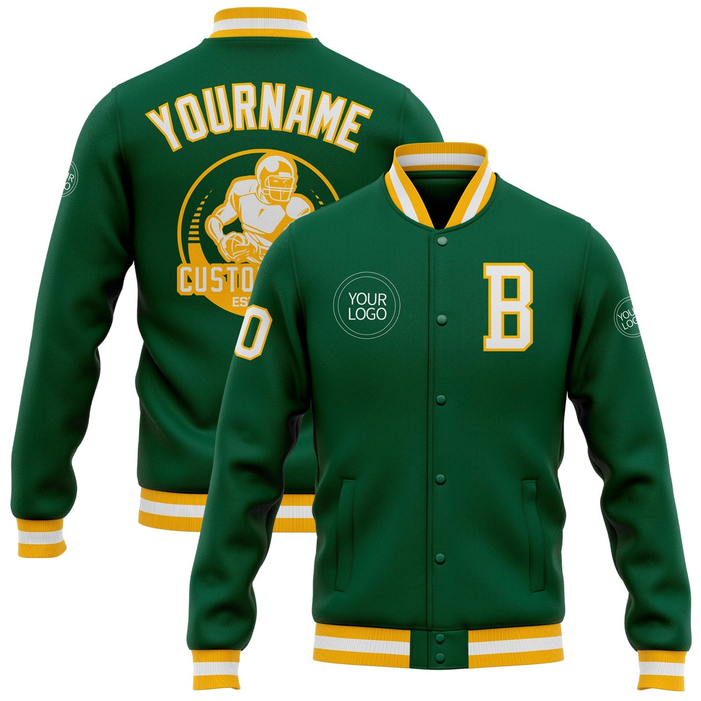 Custom Kelly Green White-Gold Bomber Full-Snap Varsity Letterman Jacket - Main View