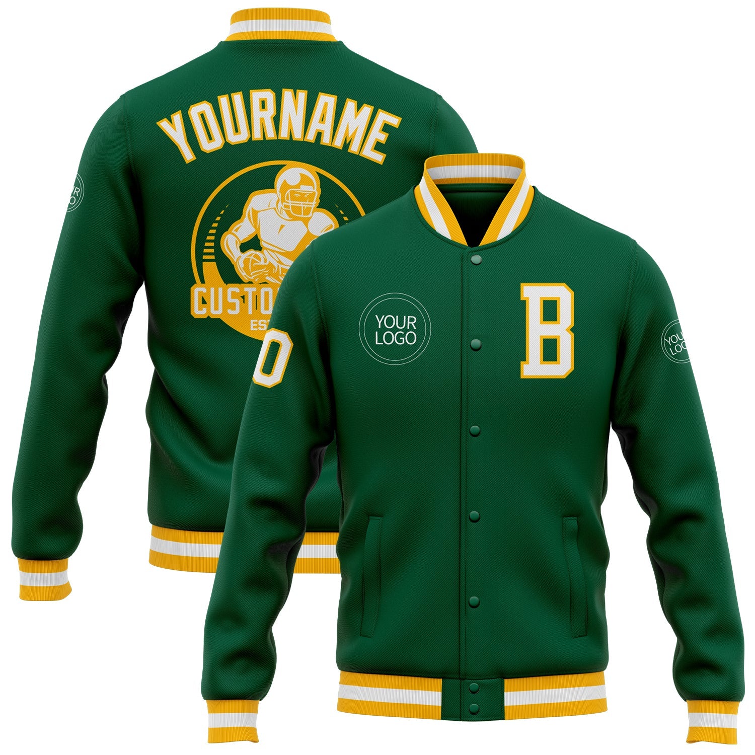 Custom Kelly Green White-Gold Bomber Full-Snap Varsity Letterman Jacket - Main View