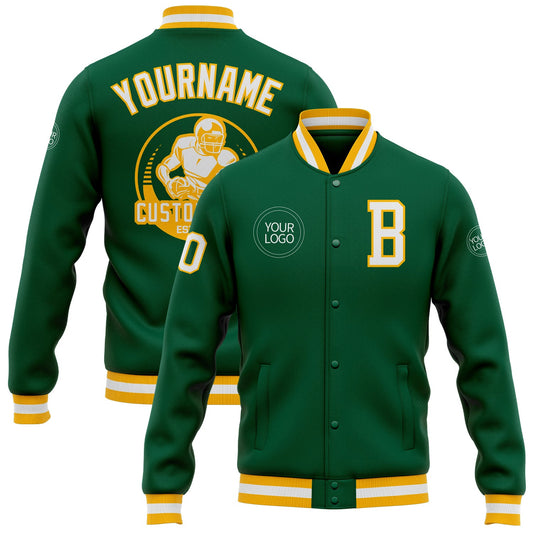 Custom Kelly Green White-Gold Bomber Full-Snap Varsity Letterman Jacket - Main View