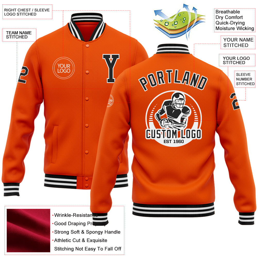 Custom Orange Black-White Bomber Full-Snap Varsity Letterman Jacket view 5