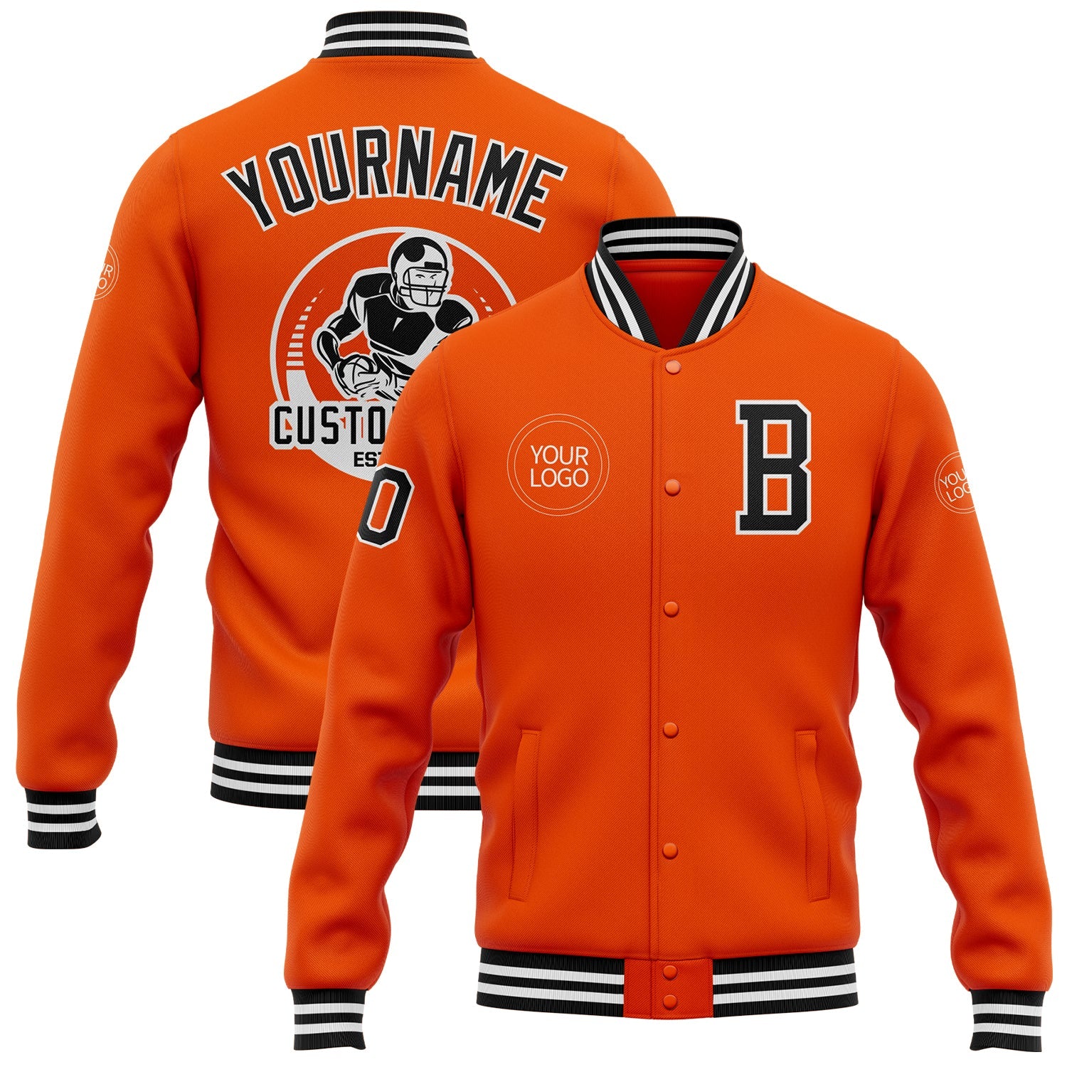 Custom Orange Black-White Bomber Full-Snap Varsity Letterman Jacket - Main View