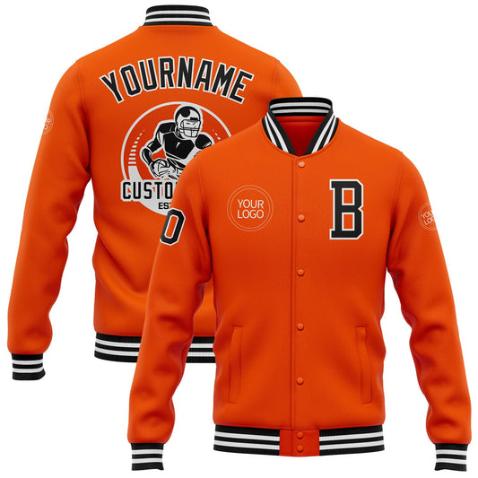 Custom Orange Black-White Bomber Full-Snap Varsity Letterman Jacket - Main View