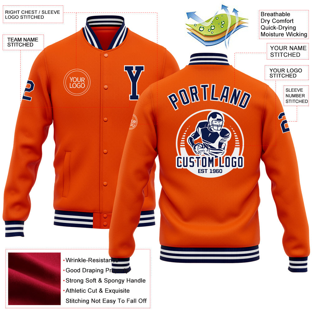 Custom Orange Navy-White Bomber Full-Snap Varsity Letterman Jacket view 5