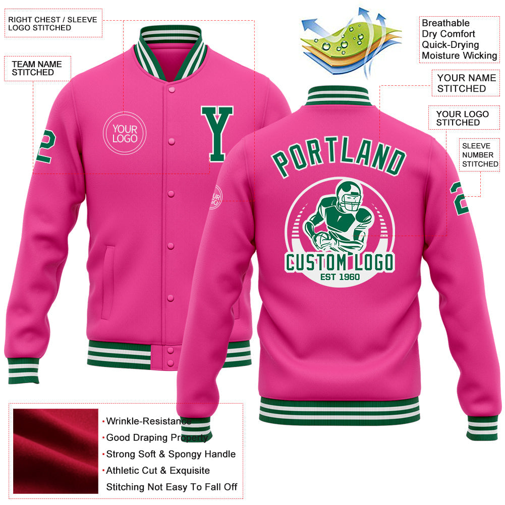 Custom Pink Kelly Green-White Bomber Full-Snap Varsity Letterman Jacket view 5