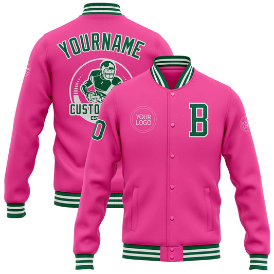 Custom Pink Kelly Green-White Bomber Full-Snap Varsity Letterman Jacket - Main View