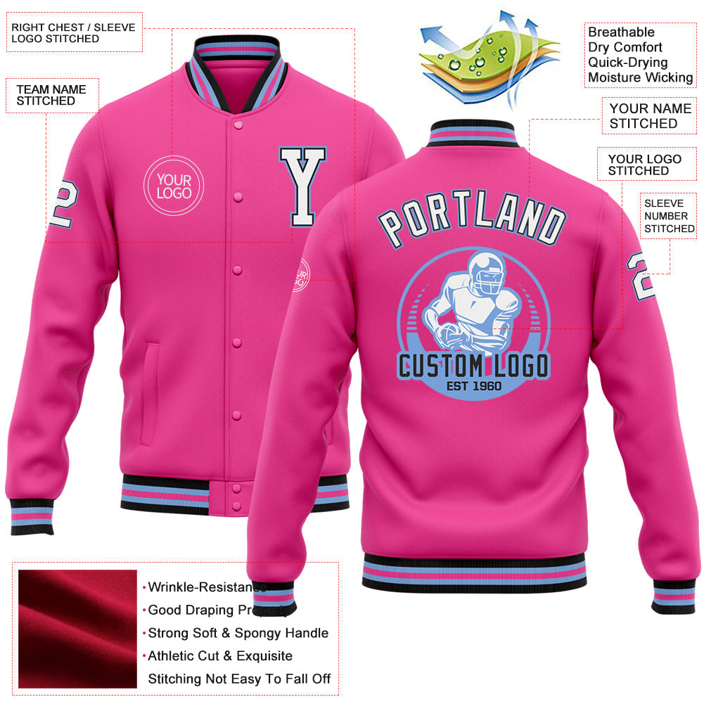 Custom Pink White Light Blue-Black Bomber Full-Snap Varsity Letterman Jacket view 5