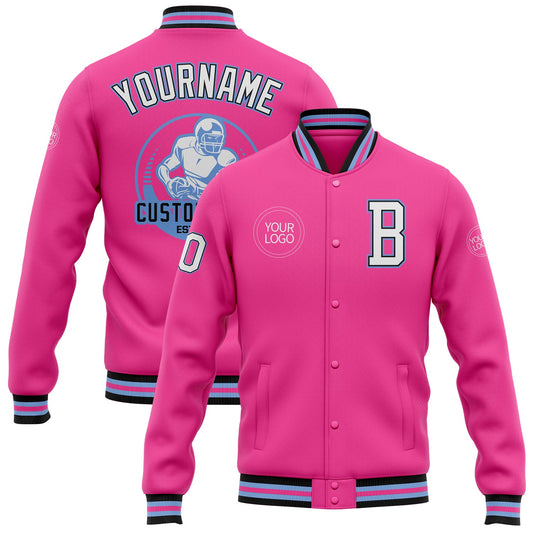 Custom Pink White Light Blue-Black Bomber Full-Snap Varsity Letterman Jacket - Main View