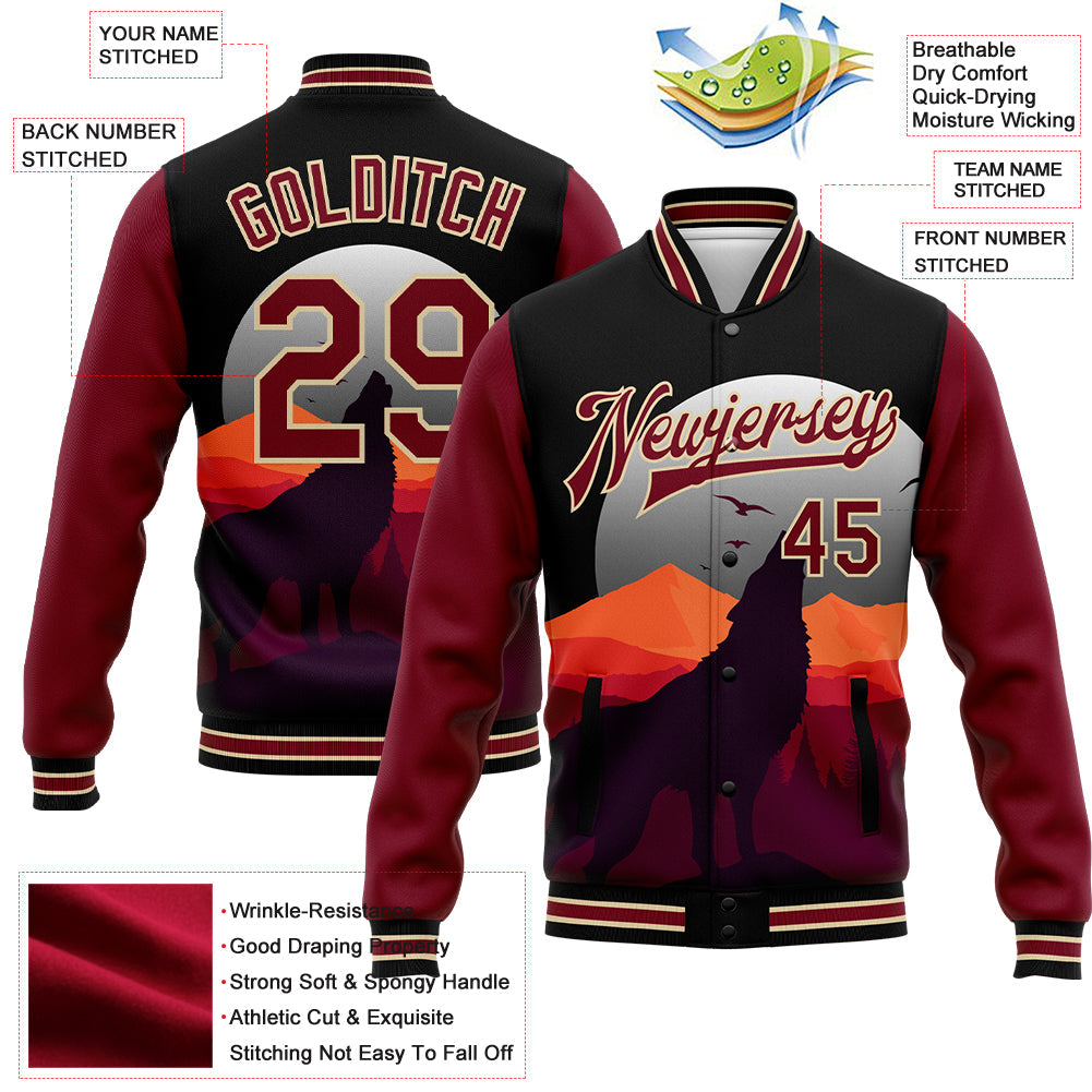 Custom Black Crimson-City Cream Wolf Howling 3D Pattern Design Bomber Full-Snap Varsity Letterman Jacket view 5
