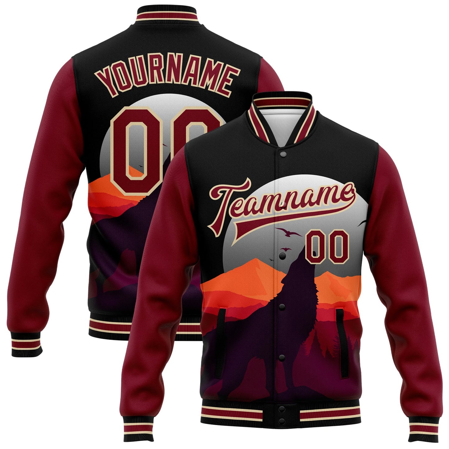 Custom Black Crimson-City Cream Wolf Howling 3D Pattern Design Bomber Full-Snap Varsity Letterman Jacket - Main View