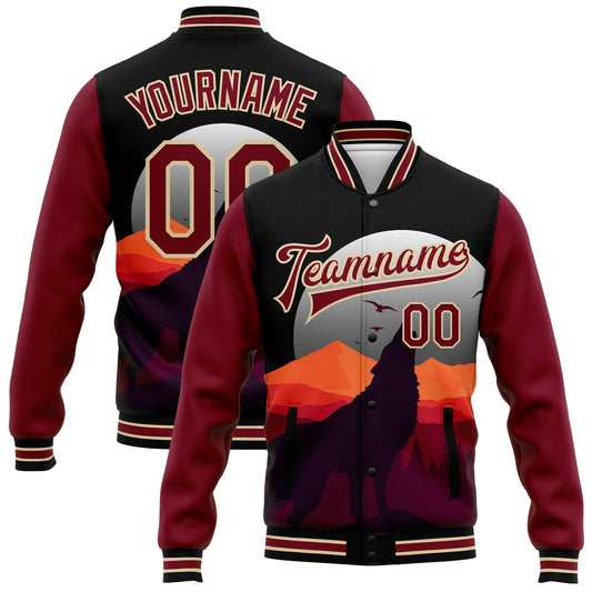 Custom Black Crimson-City Cream Wolf Howling 3D Pattern Design Bomber Full-Snap Varsity Letterman Jacket - Main View