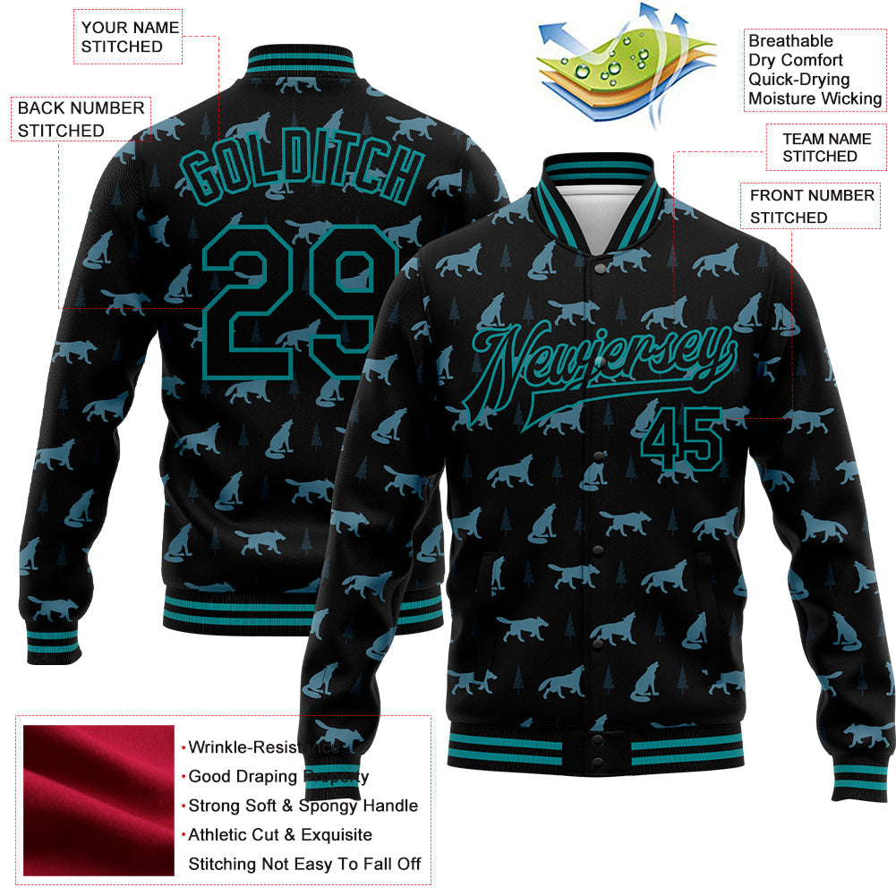 Custom Black Teal Wolf 3D Pattern Design Bomber Full-Snap Varsity Letterman Jacket view 5