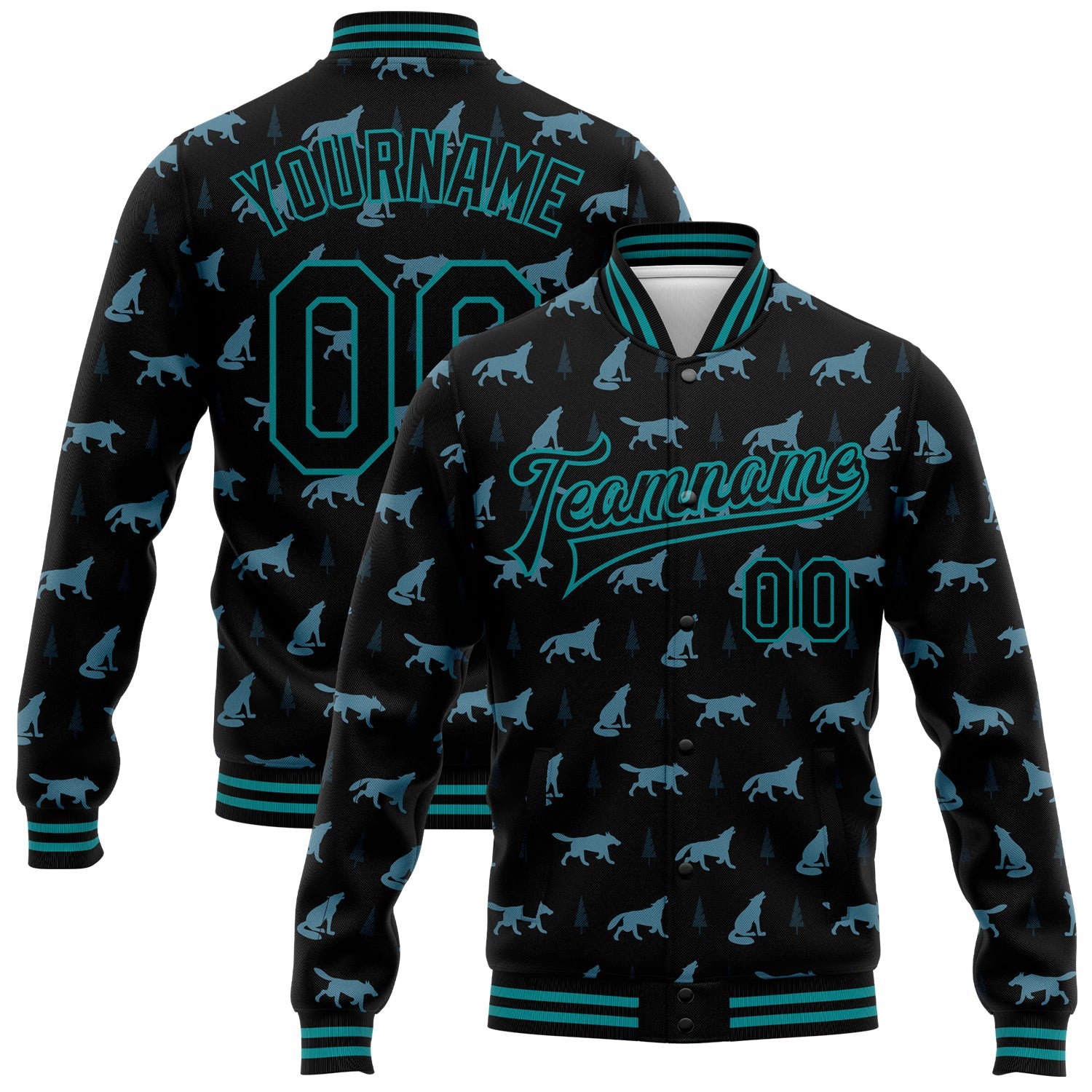 Custom Black Teal Wolf 3D Pattern Design Bomber Full-Snap Varsity Letterman Jacket - Main View