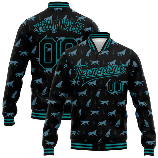 Custom Black Teal Wolf 3D Pattern Design Bomber Full-Snap Varsity Letterman Jacket - Main View