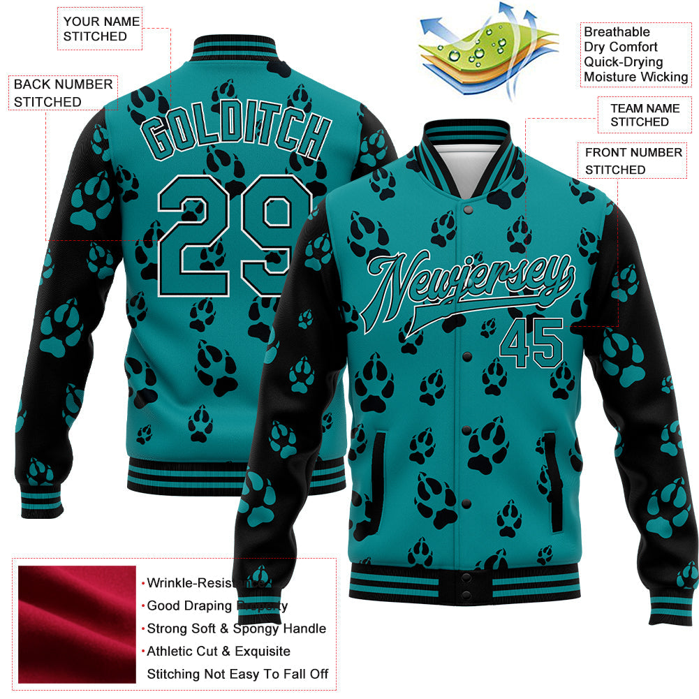 Custom Teal Black-White Wolf 3D Pattern Design Bomber Full-Snap Varsity Letterman Jacket view 5