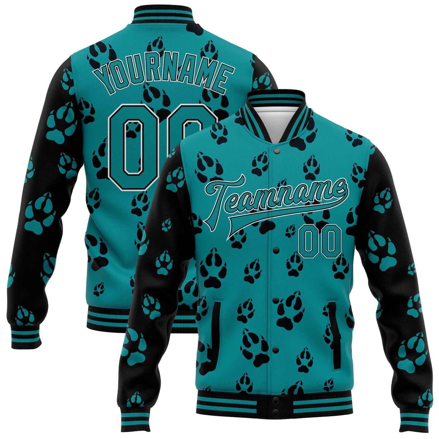 Custom Teal Black-White Wolf 3D Pattern Design Bomber Full-Snap Varsity Letterman Jacket - Main View