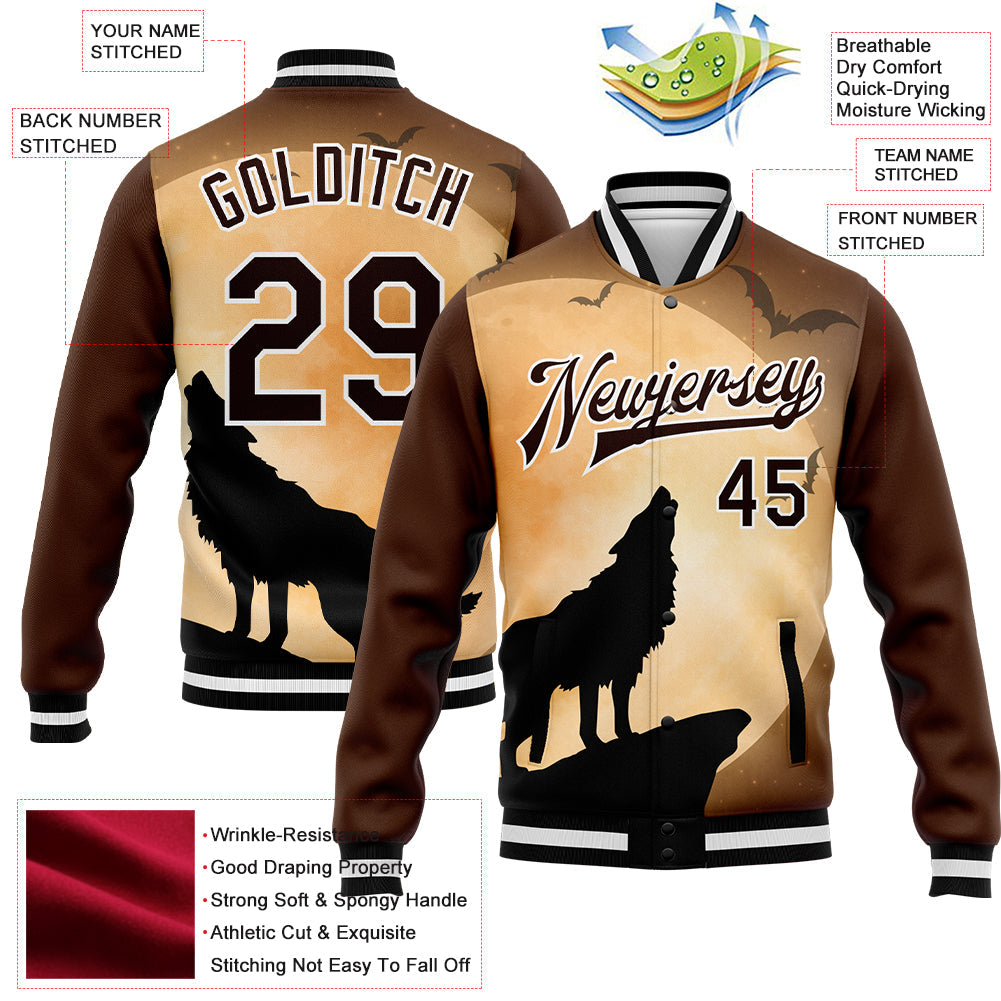 Custom Brown Black-White Wolf Fullmoon Party 3D Pattern Design Bomber Full-Snap Varsity Letterman Jacket view 5
