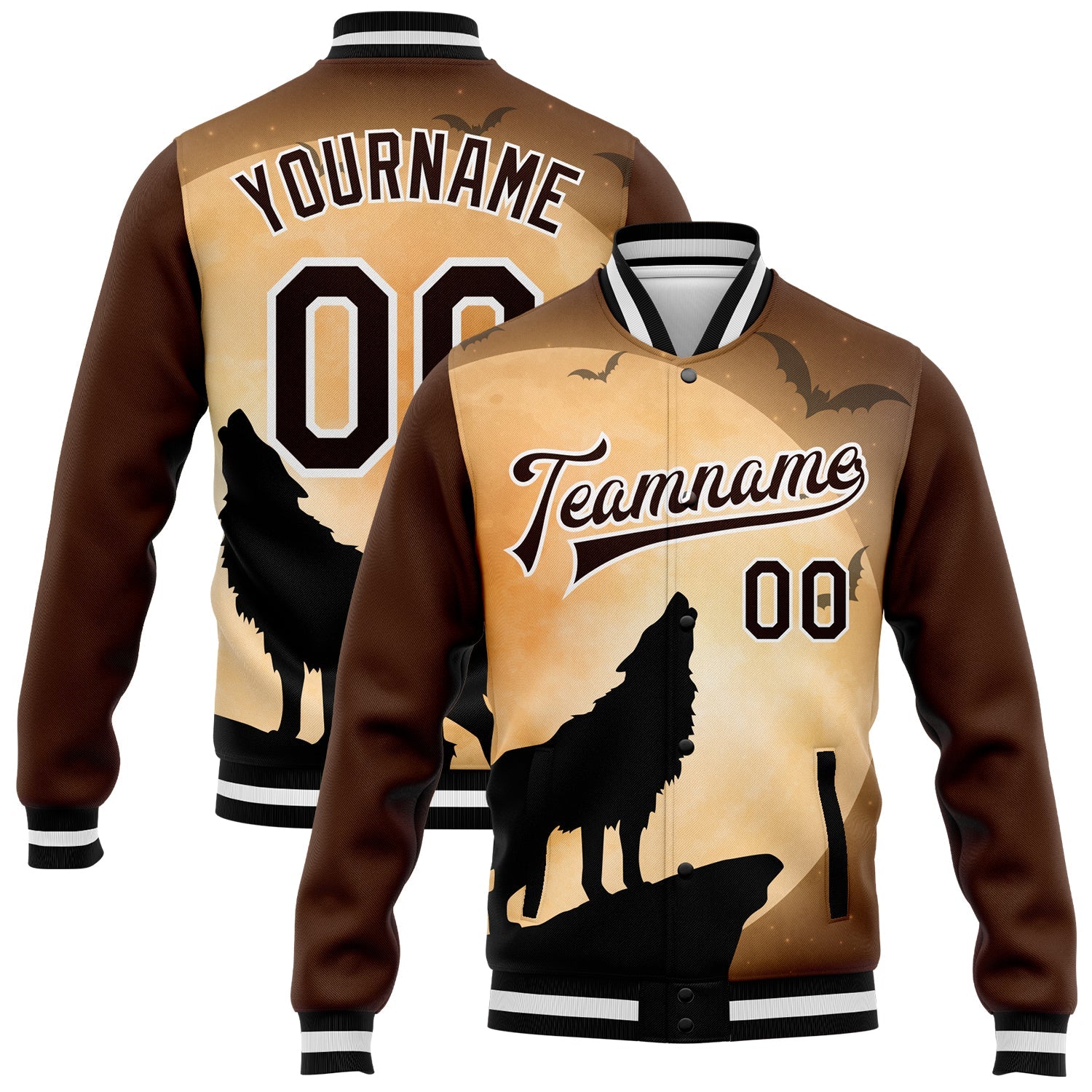Custom Brown Black-White Wolf Fullmoon Party 3D Pattern Design Bomber Full-Snap Varsity Letterman Jacket - Main View