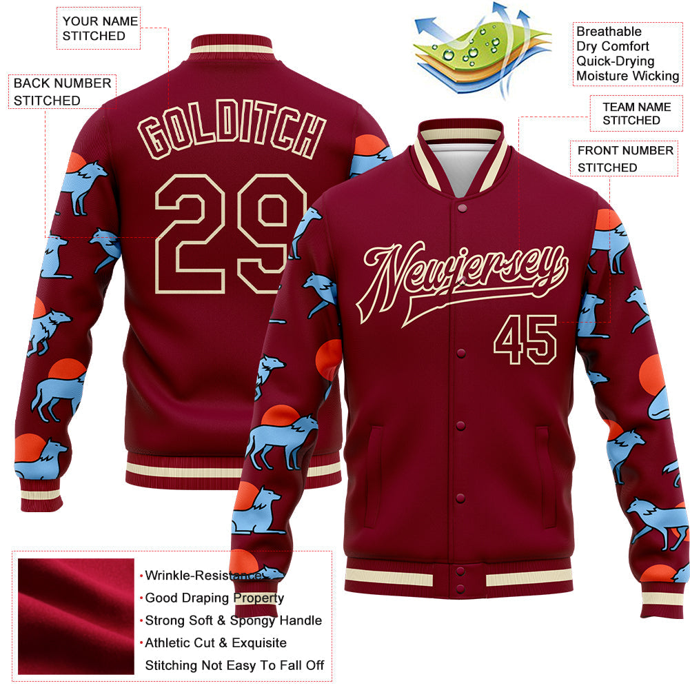 Custom Maroon Cream Wolves Hauling Jumping And Running 3D Pattern Design Bomber Full-Snap Varsity Letterman Jacket view 5