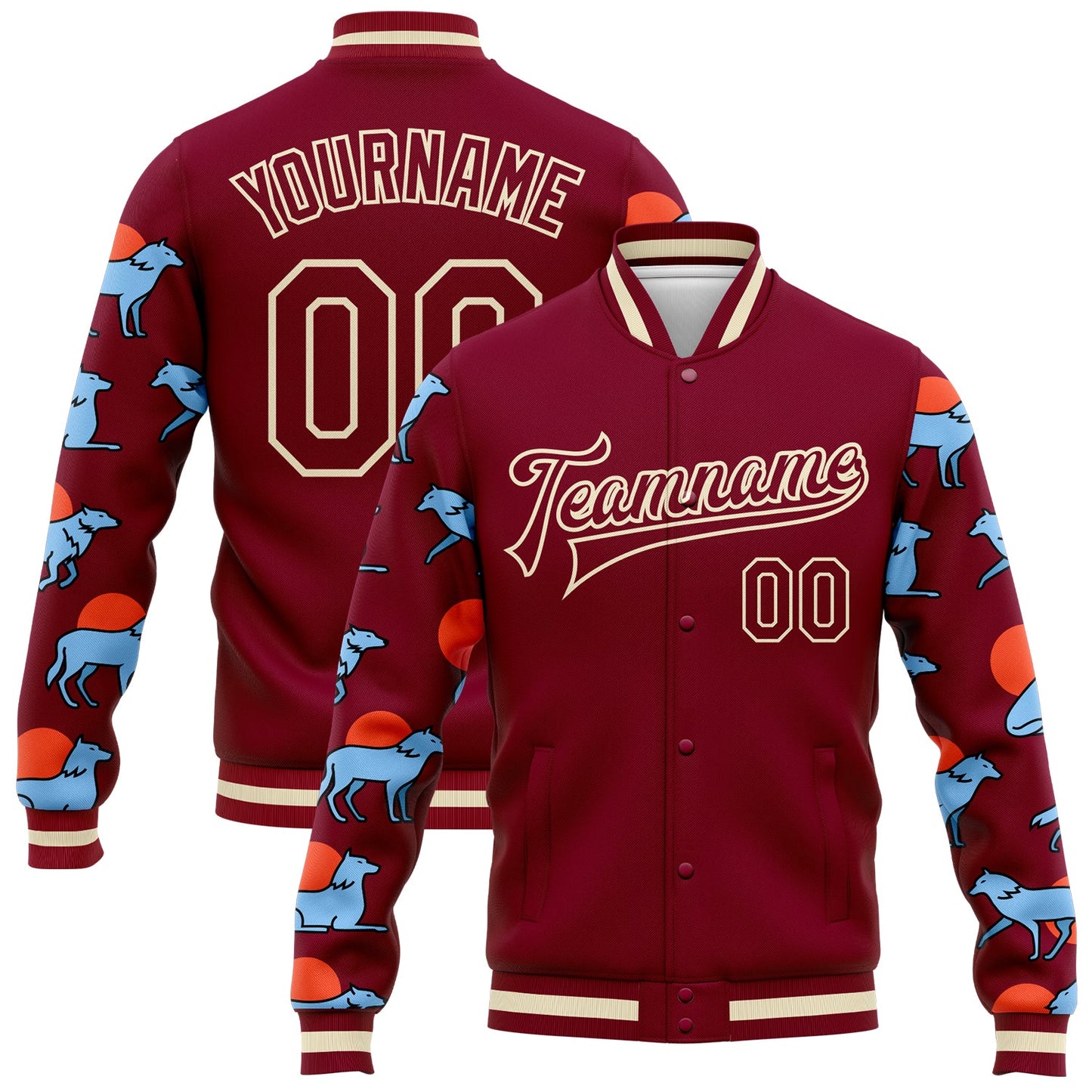Custom Maroon Cream Wolves Hauling Jumping And Running 3D Pattern Design Bomber Full-Snap Varsity Letterman Jacket - Main View