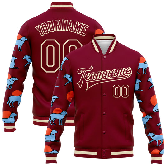 Custom Maroon Cream Wolves Hauling Jumping And Running 3D Pattern Design Bomber Full-Snap Varsity Letterman Jacket - Main View