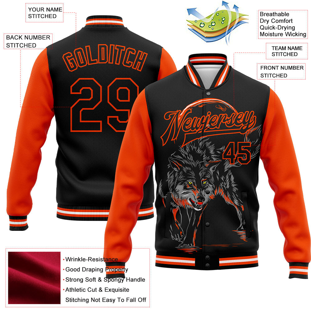 Custom Black Orange Wolf 3D Pattern Design Bomber Full-Snap Varsity Letterman Jacket view 5