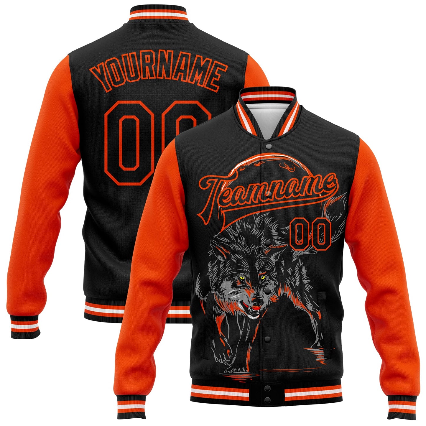 Custom Black Orange Wolf 3D Pattern Design Bomber Full-Snap Varsity Letterman Jacket - Main View