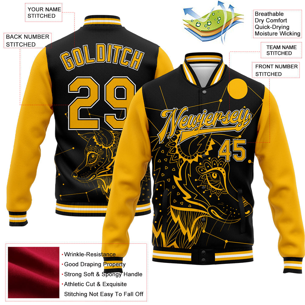 Custom Black Gold-White Wolf 3D Pattern Design Bomber Full-Snap Varsity Letterman Jacket view 5