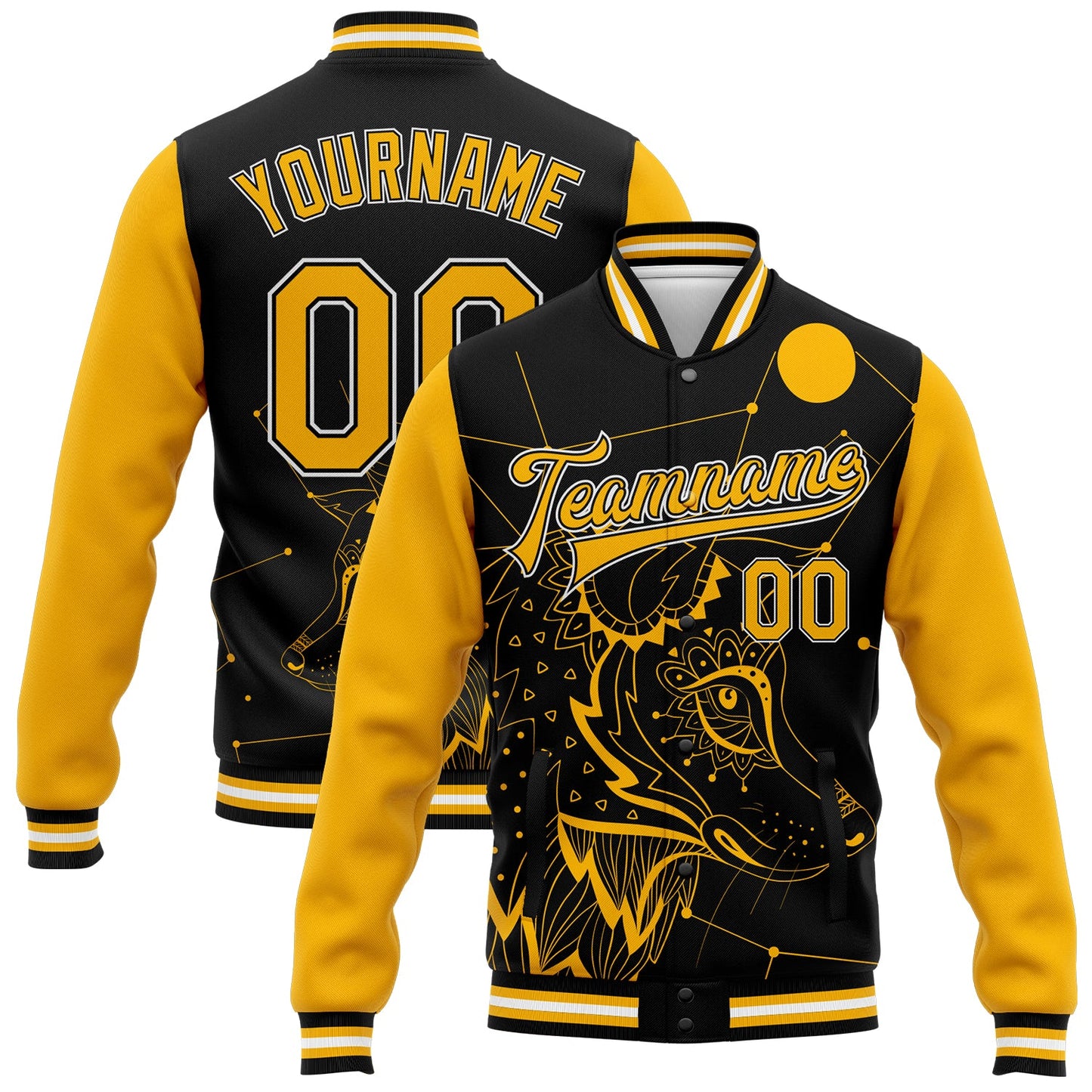 Custom Black Gold-White Wolf 3D Pattern Design Bomber Full-Snap Varsity Letterman Jacket - Main View