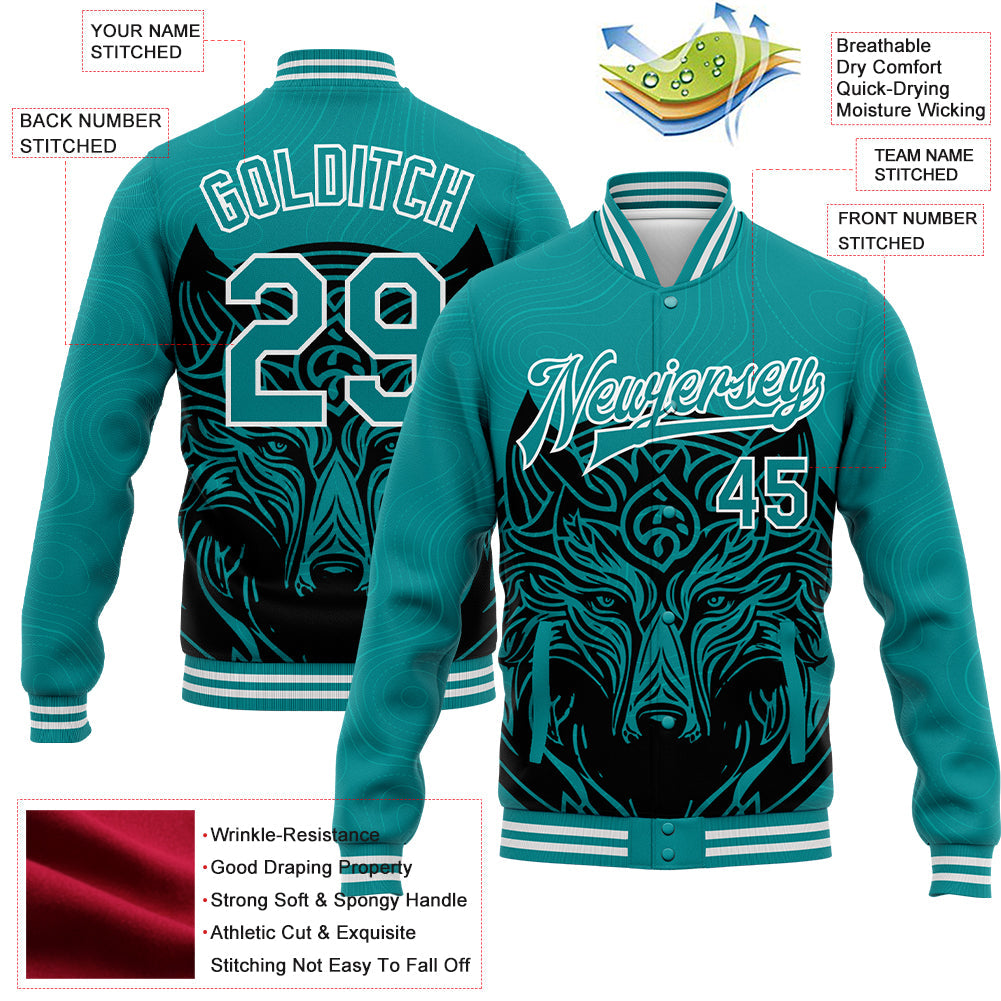 Custom Teal White Wolf Head 3D Pattern Design Bomber Full-Snap Varsity Letterman Jacket view 5