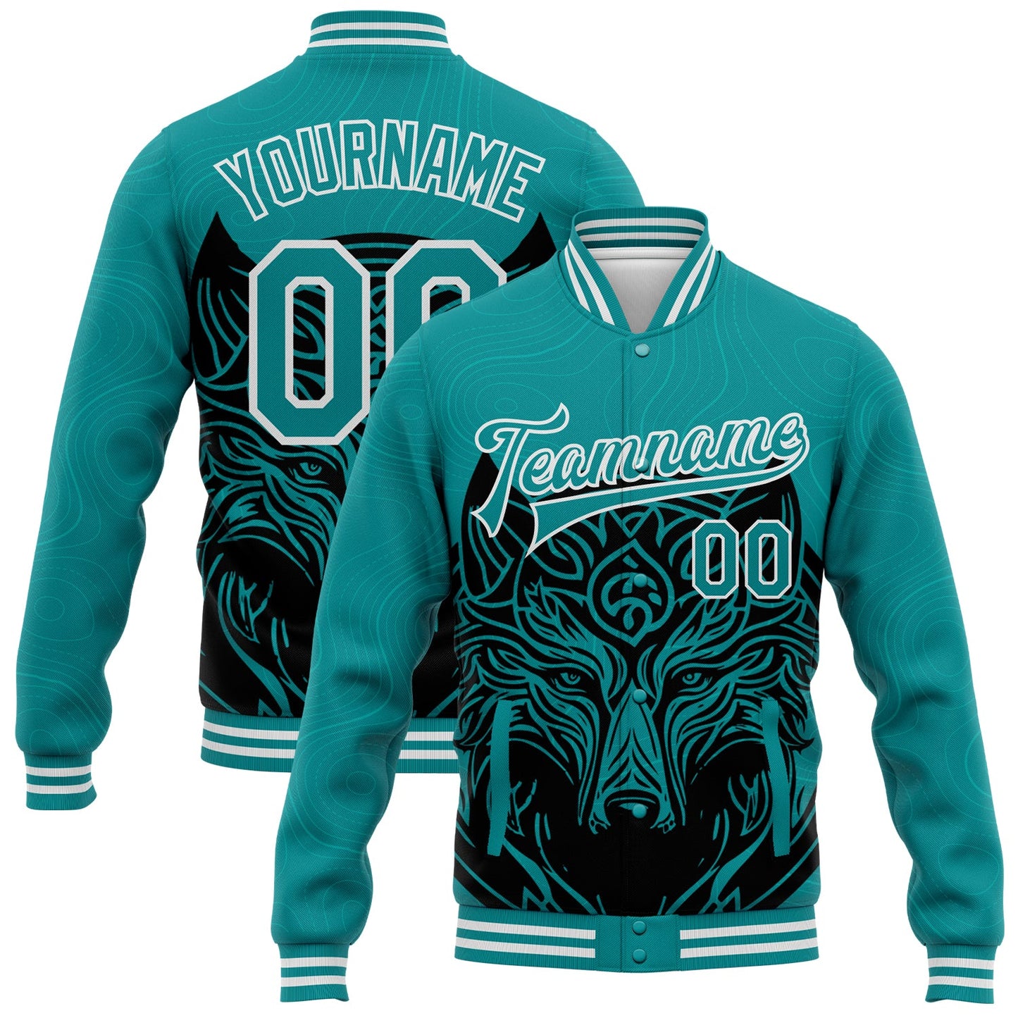 Custom Teal White Wolf Head 3D Pattern Design Bomber Full-Snap Varsity Letterman Jacket - Main View