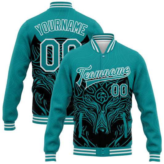 Custom Teal White Wolf Head 3D Pattern Design Bomber Full-Snap Varsity Letterman Jacket - Main View